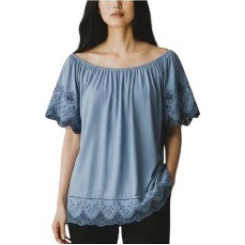 Style & Co. Blue Flutter Lace Trim Sleeve Cotton Modal Blend Top Relaxed Fit XL